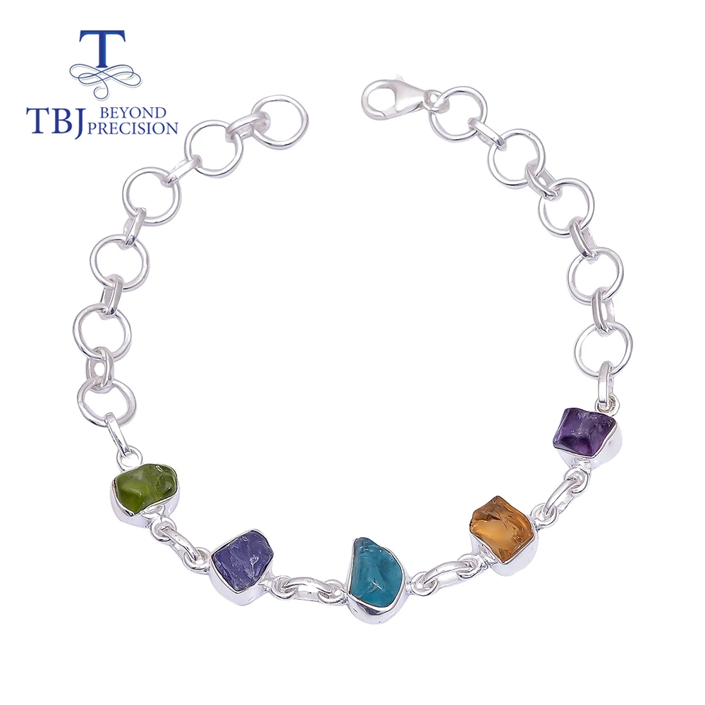 

Handmade Gemstone Rough bracelet,unique natural colorful gemstone rough tanzanite bracelet 925 sterling silver fine jewelry