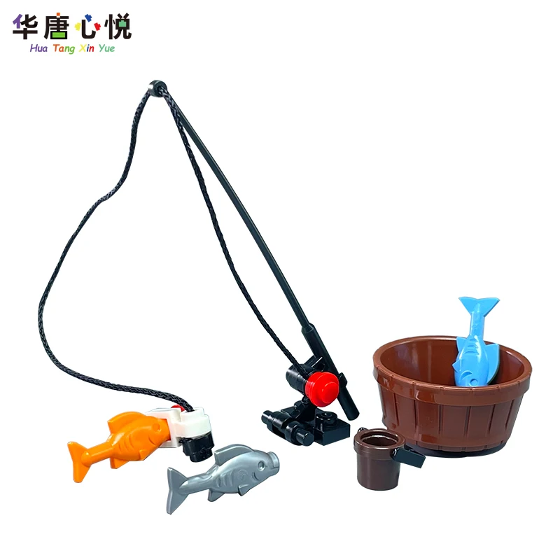 City MOC Series Fishing Tools Suit Fish Rod Bait Bucket Pots Building Blocks Assemble Toys for Children Kids Gifts City Blocks