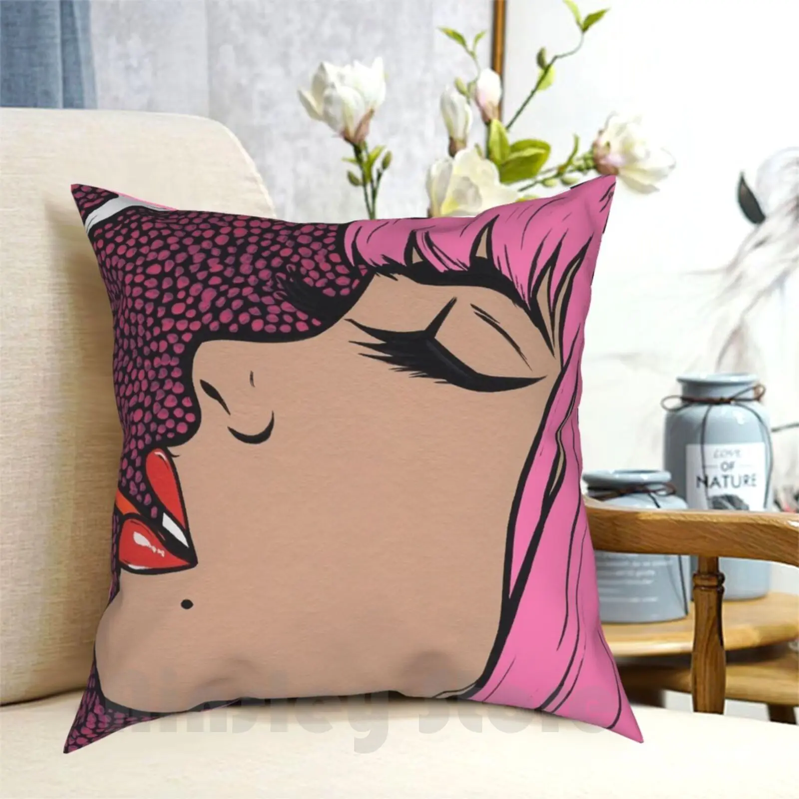 Pink Smoking Comic Girl Pillow Case Printed Home Soft DIY Pillow cover Cigarette Smoke Pink Hair Bangs Model Pop Art