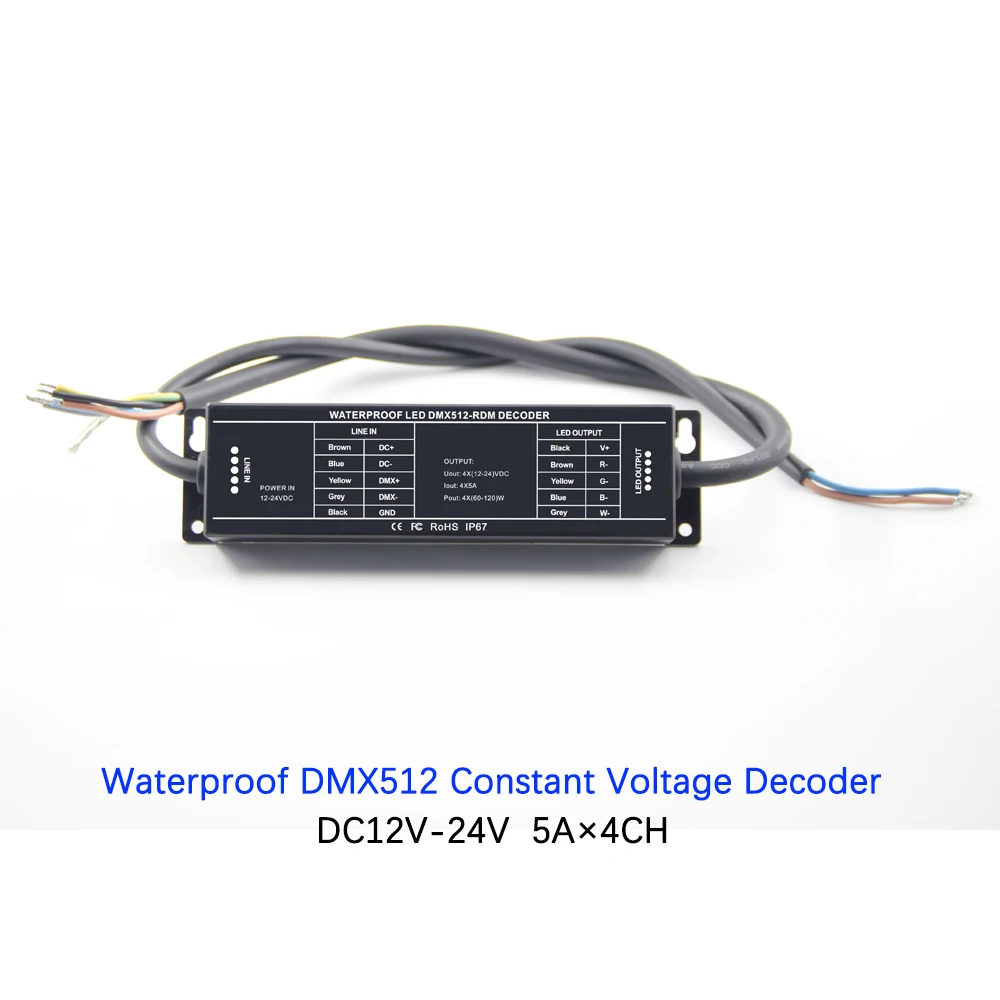 5A x 4CH Waterproof DMX512 Decoder RGBW LED Controller 12V DC 24V Input DMX512/1990 output PWM For Constant Voltage LED lamps