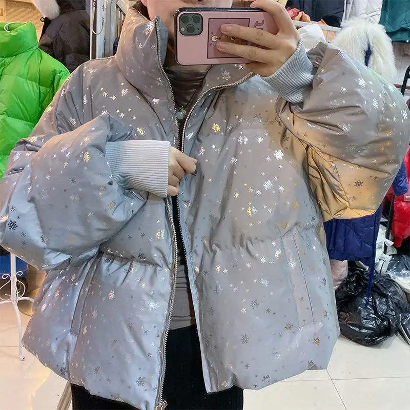 Abrigo cálido de invierno con copos de nieve, chaqueta larga reflectante, abrigo informal luminoso, ropa de calle gruesa, Parka holgada brillante,