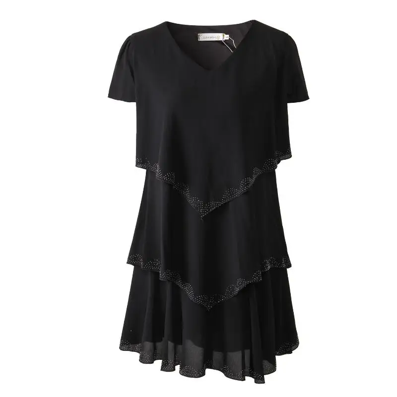 Plus size women's loose dress temperament elegant fashion hot drilling Slim V-neck chiffon cake dress S-5XL