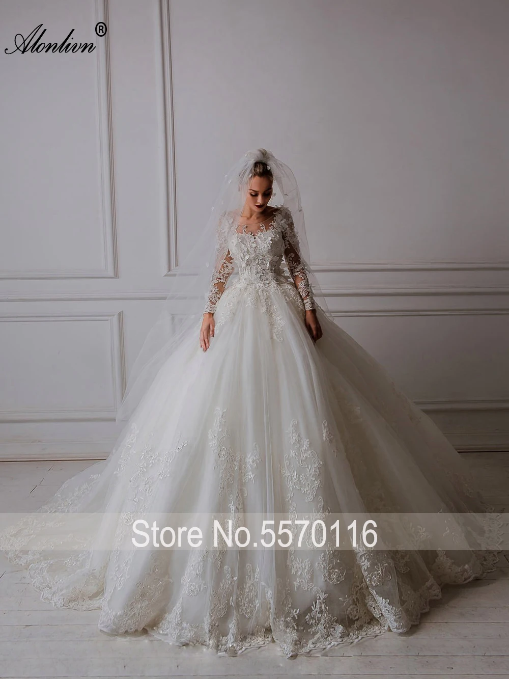 Alonlivn Estido De Novia Arabic Luxury V-Neck Tulle Applique Long Sleeve Wedding Dress Elegant O-neck Wedding Bridal Gowns