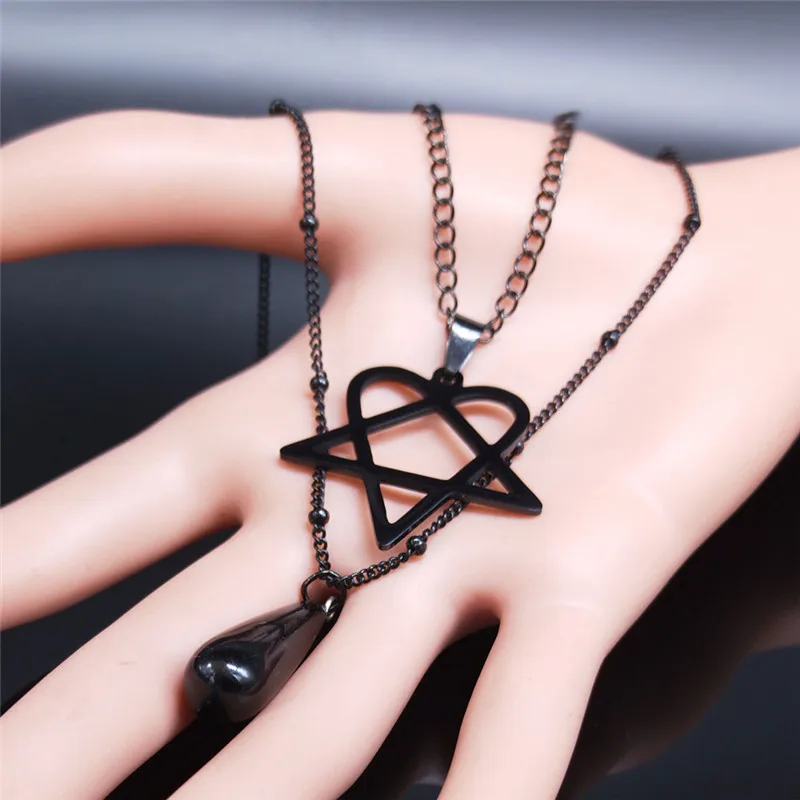 Lovely FAJA Heartagram Stainless Steel Layered Necklace Black Color Women/Men Gothic Necklace Chain Jewelry cadenas mujer N2613