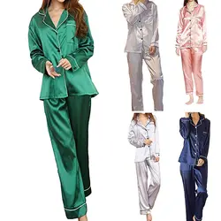 Women Girl Silk Satin Pajamas Set Pyjama Sleepwear Nightwear Loungewear Homewear Solid Color Comfortable Soft High Quality Hot