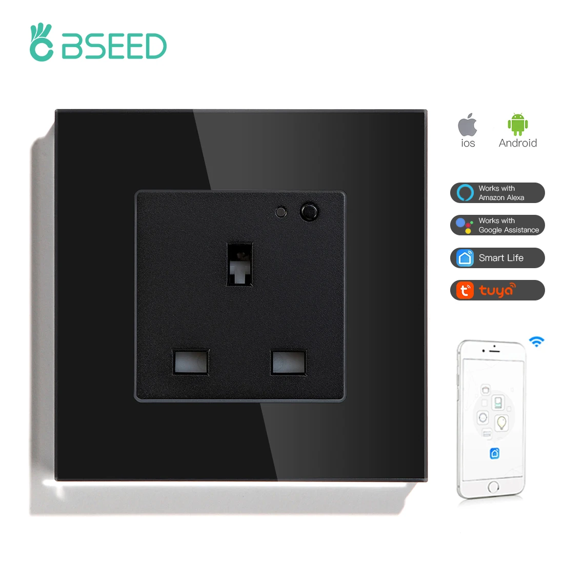 BSEED UK Standard Wall Socket Wifi Smart Life App Control Google Alexa Smart Socket Single Intelligent Socket 13A Glass Panel