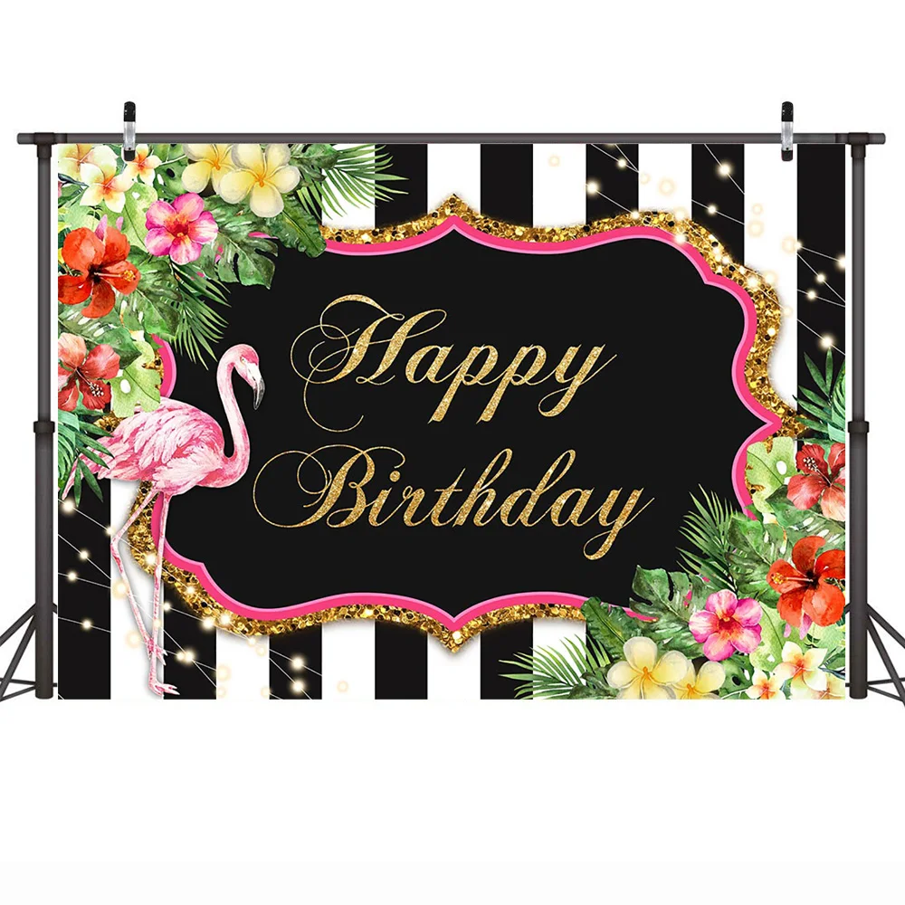 Floral Pink Flamingo Themed Happy Birthday Backdrop Tropical Flowers Leaves Photocall Let's Flamingle Birthday Party Background