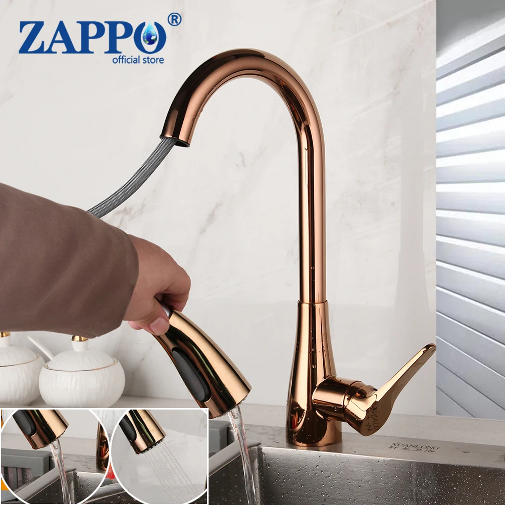 

ZAPPO Rose Golden Kitchen Faucet Plated Vessel Sink 360 Swivel Faucets Washbasin Mixer Taps W/ Pull Down Spray Water Tap