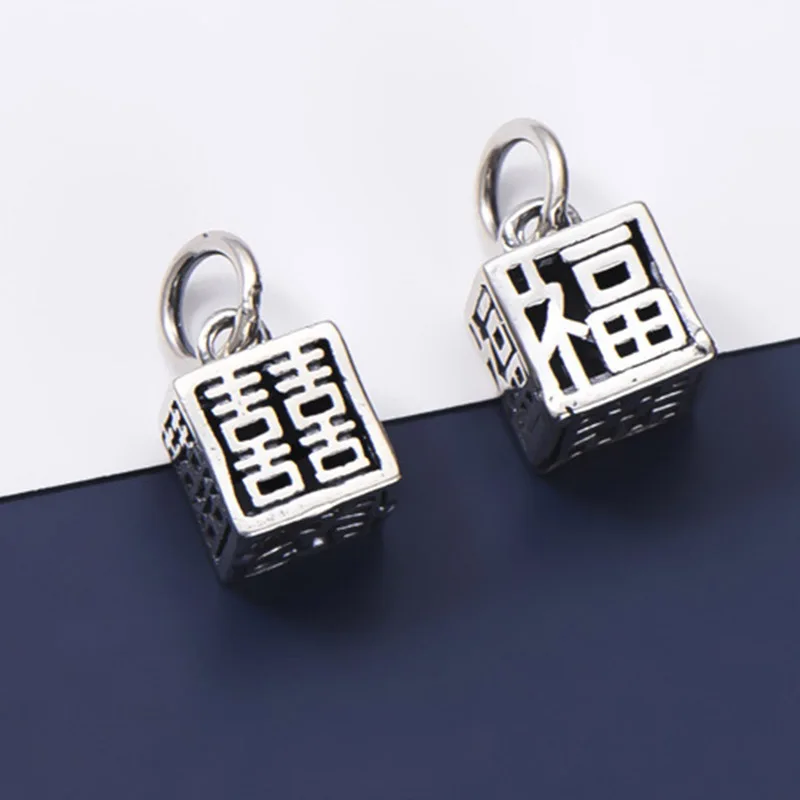 

925 Sterling Silver Craftwork Lettering Hollow Square Chinese Blessing Charm Happiness/Lucky Silver Pendants DIY Jewelry Finding