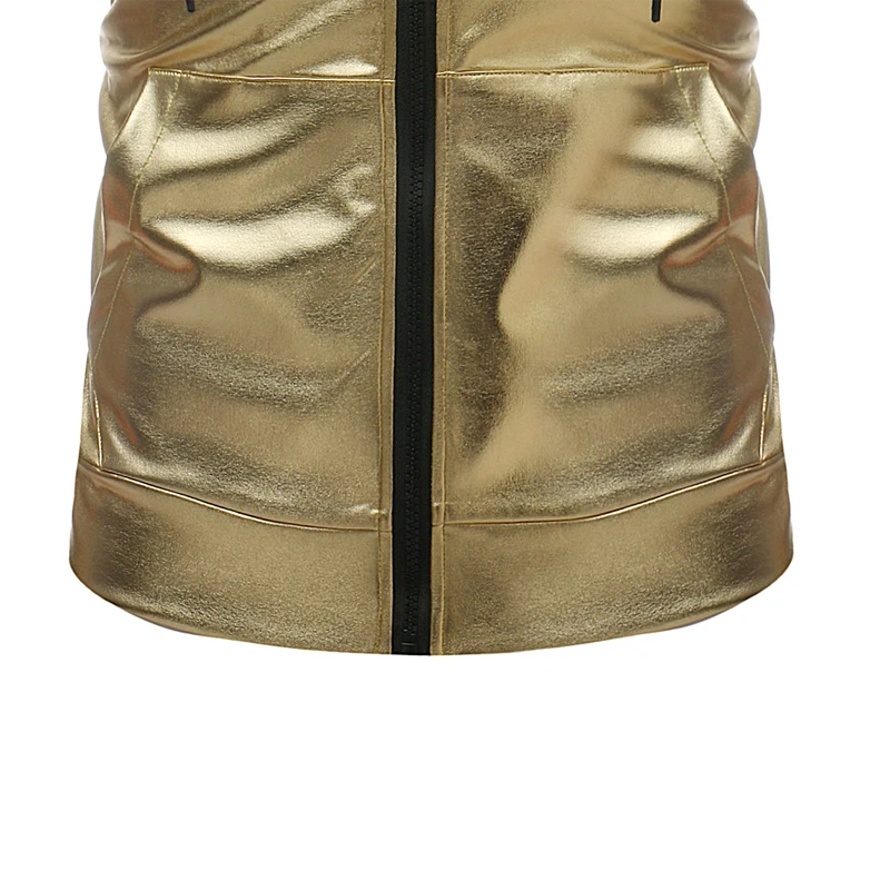 Fashion Sleeveless Hoodie Men Shiny Gold Hooded Tank Top Metallic Zipper Nightclub Party Dance Stage Harajuku Streetwear Tee