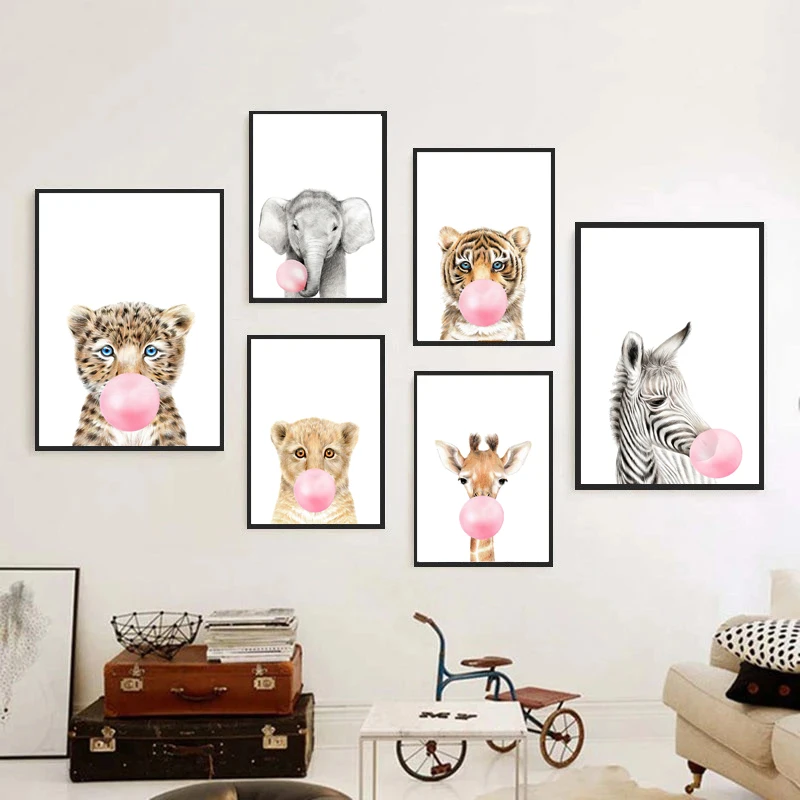 Bubble Blowing Animal  Elephant Giraffe Nursery Wall Art Canvas Painting Posters And Prints Wall Pictures Baby Kids Room Décor