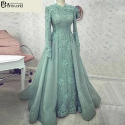 Turquoise Muslim Lace Evening Dresses Long Sleeve Appliques A-Line Prom Gown Dubai Arabic Special Occasion Formal Dress Abiye