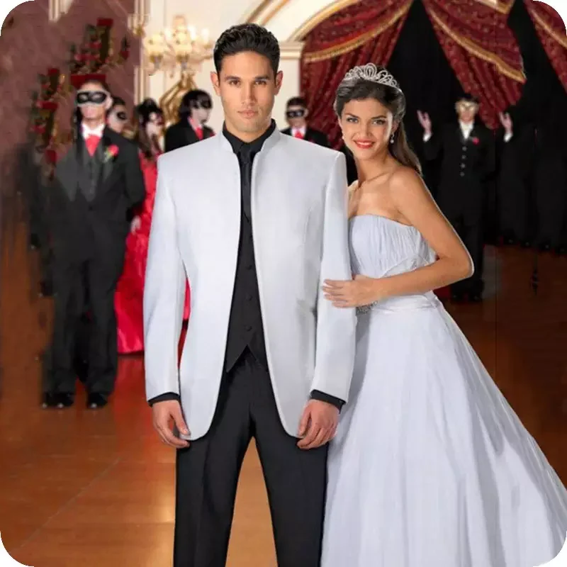 

Latest Coat Pant Design Men Suit Slim Fit White Stand Collar Smoking Jacket Tuxedo Groom Wedding Suits For Men Prom Party Blazer