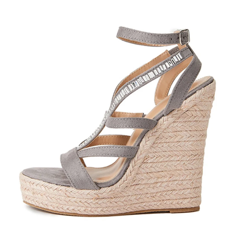 New Summer Wedge Sandals Women Straw Rope Weave Thick Bottom Platform High Heels Fashion Open Toe Buckle Strap Rhinestone Shoes