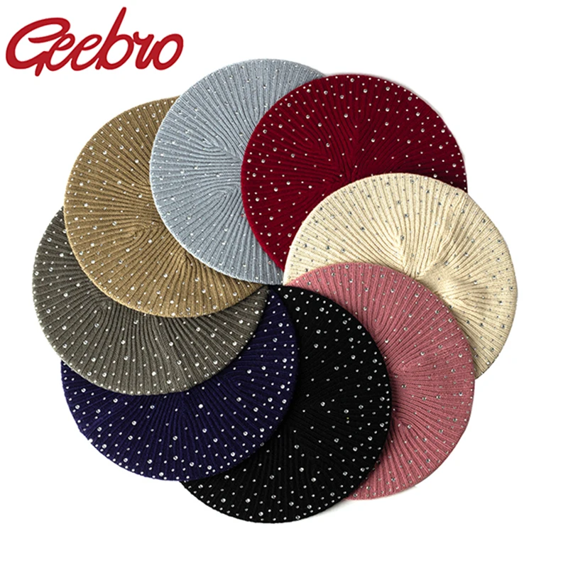 Geebro Women Autumn Winter Beret Hat Female Knitted Casual berets Luxury Rhinestone Sequins Caps Fashion Solid color Gorros