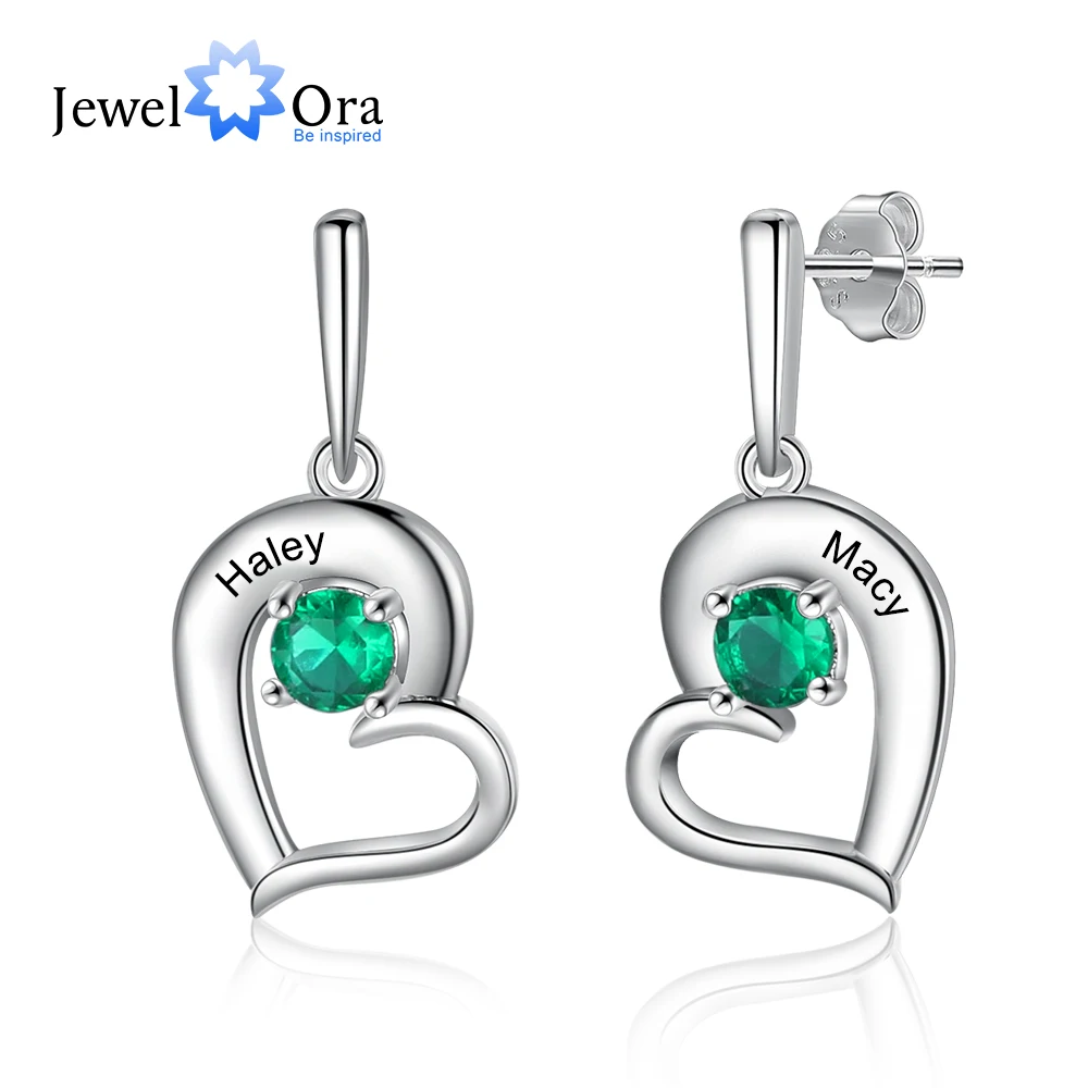 JewelOra Personalized Birthstone Tilted Heart Drop Earrings for Women Couple's Custom Name Engraved Stud Earrings Christmas Gift