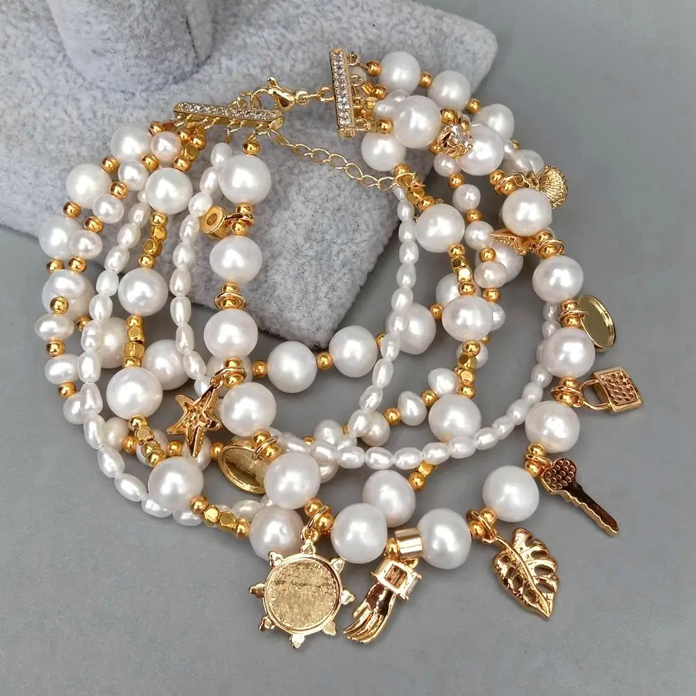 

KKGEM 20CM 6Strands Natural Multi shape White Freshwater Pearl Statement Bracelet Cz Pave Charm Summer Beach Jewelry 8''