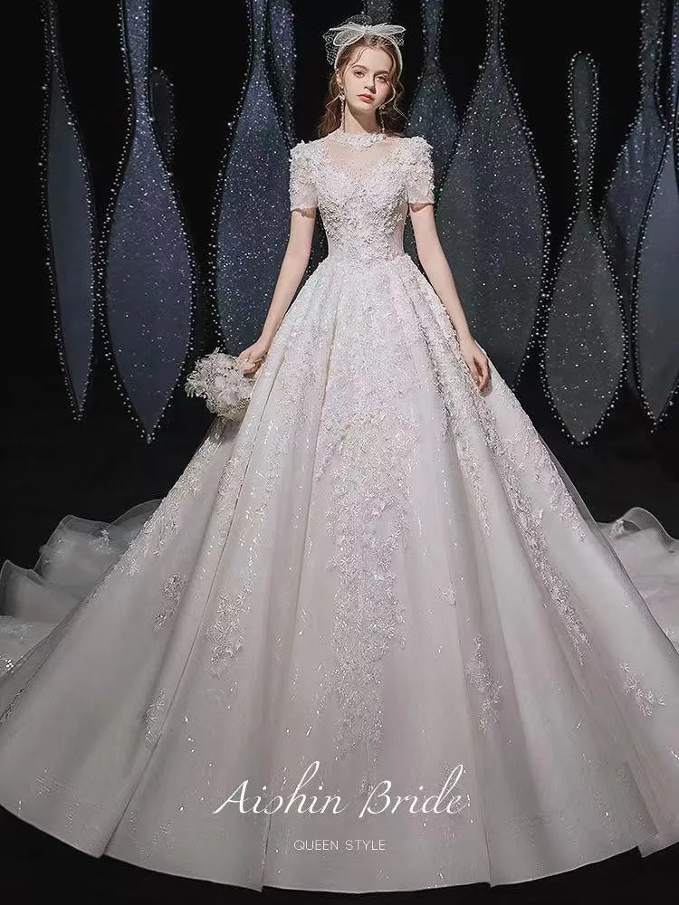 Vestidos de novia blancos de cuello alto, mangas cortas, bordado, cuentas brillantes, lentejuelas de cristal, vestidos de novia elegantes con cordones y espalda descubierta