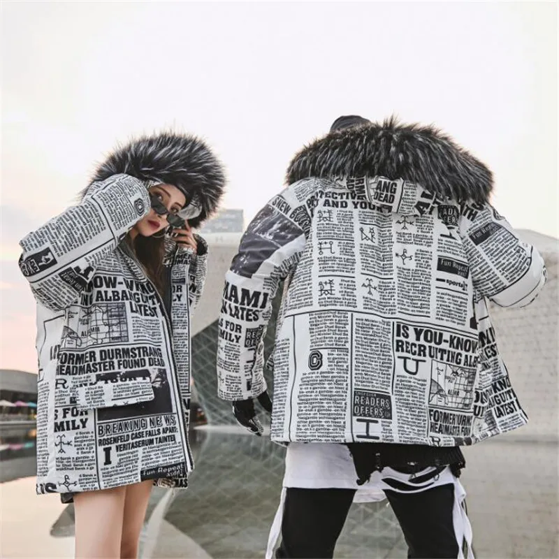 

Men Women Fashion Popspaper Print Jacket Parkas Men's Nice Thick Warm Winter Coat Parka Male Fur Hooded Winderbreak Outdoor