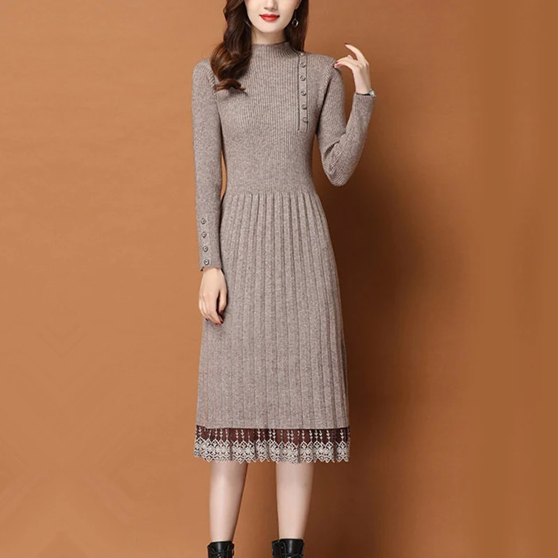 Lace Hem Buttons Women Autumn Winter Sweater Knitted a line Dresses Ribbed Slim Elastic Long Sleeve Lady Bodycon Midi Dresses