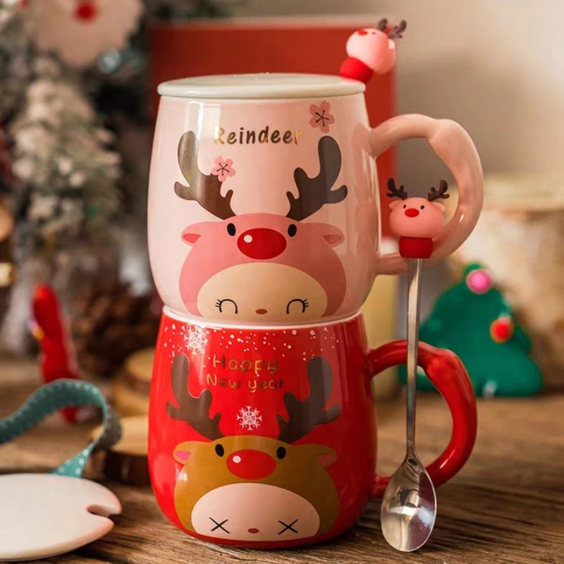 400ml Christmas Deer Red Mugs Instagram Pink Girl Heart Ceramic Mug Cartoon Couple Water Glass Coffee Bottle Spoon with Cover