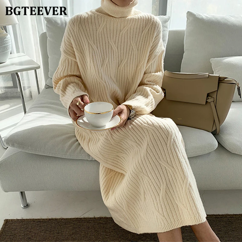 BGTEEVER elegante dolcevita spesso maglione lavorato a maglia attorcigliato lungo abito da donna maglione dritto allentato caldo invernale Vestidos