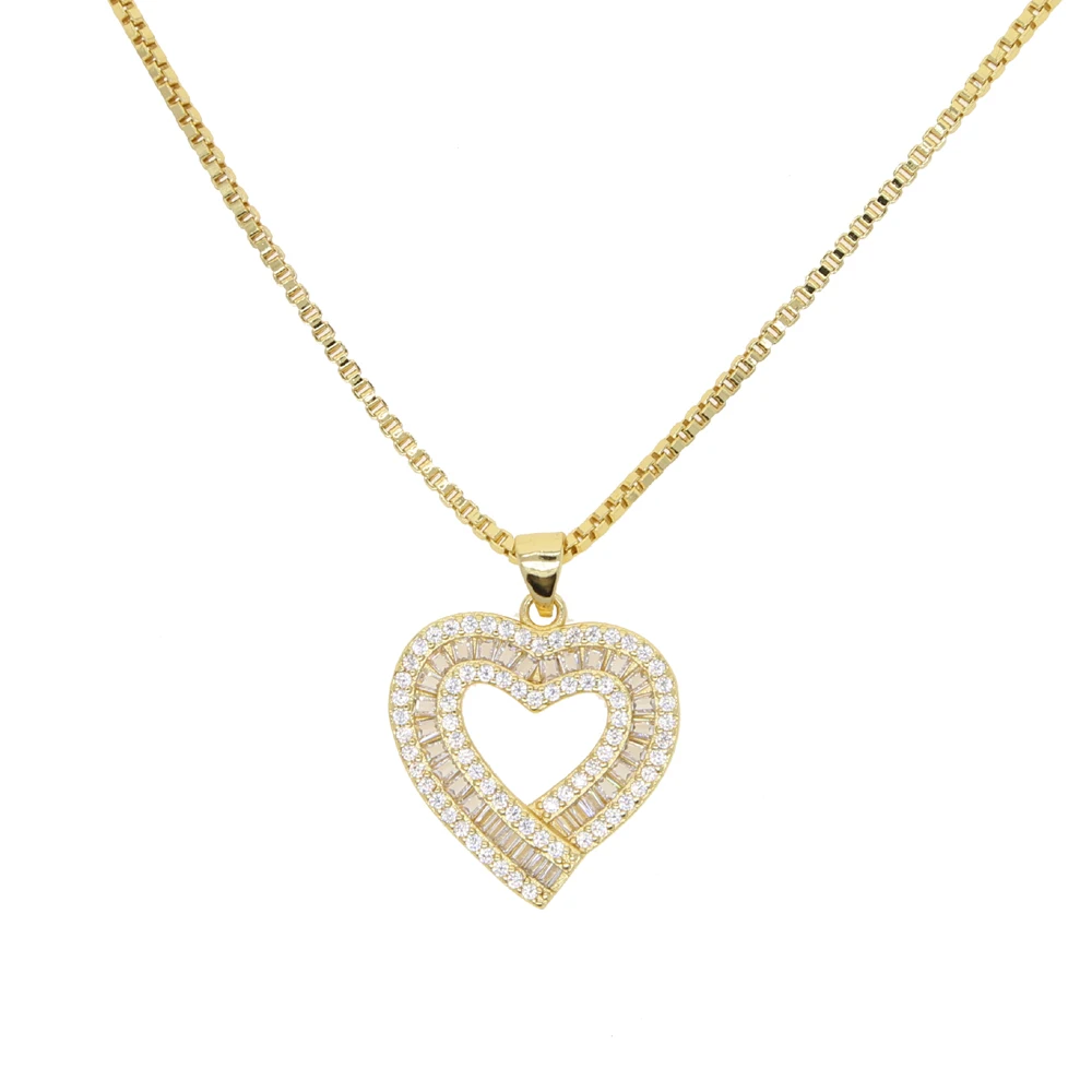 Gold Silver Color Full Paved CZ Heart Pendent Women Necklace Gorgeous Female Engagement Jewelry Necklaces Hot Selling box chain