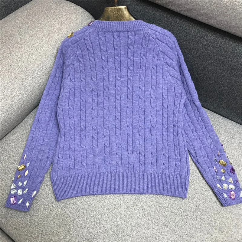 Rhinestone Beading Sweaters Women Fashion O-Neck Loose Pullover Sweater Autumn Winter Street Style Purple Long Sleeve Sweater