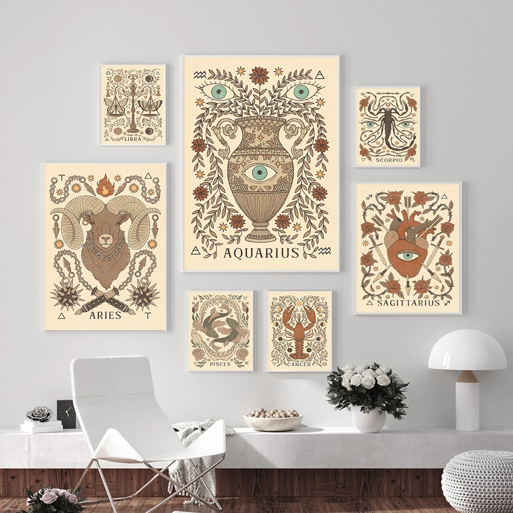 Bohemian Zodiac Art Poster Print Canvas Painting Inspired Astrology Scorpio Virgo Aquarius Aries Leo Pictures Retro Wall Decor