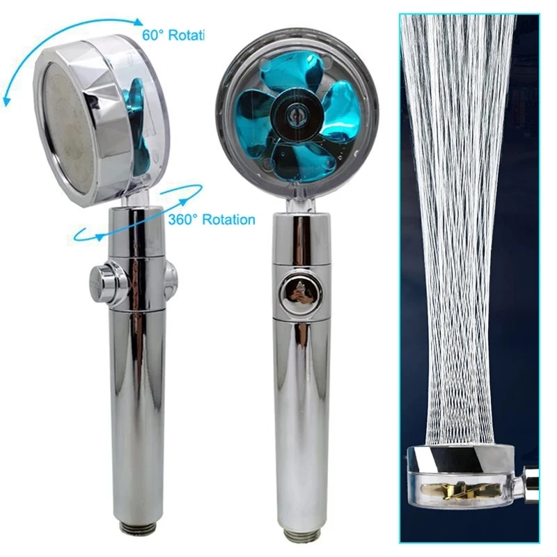 Pressurized Shower Head Water Saving Flow 360 Degrees Rotating With Fan ABS Rain High Pressure Spray Nozzle Bathroom Accessories