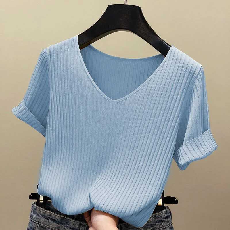AOSSVIAO 2026 Basic V-Ausschnitt Einfarbiger Dünner Sommer Damen Pullover Weiblicher Dünner Gerippter Strickpullover Schlanker Kurzarm Bodycon Pullover – Detail 15