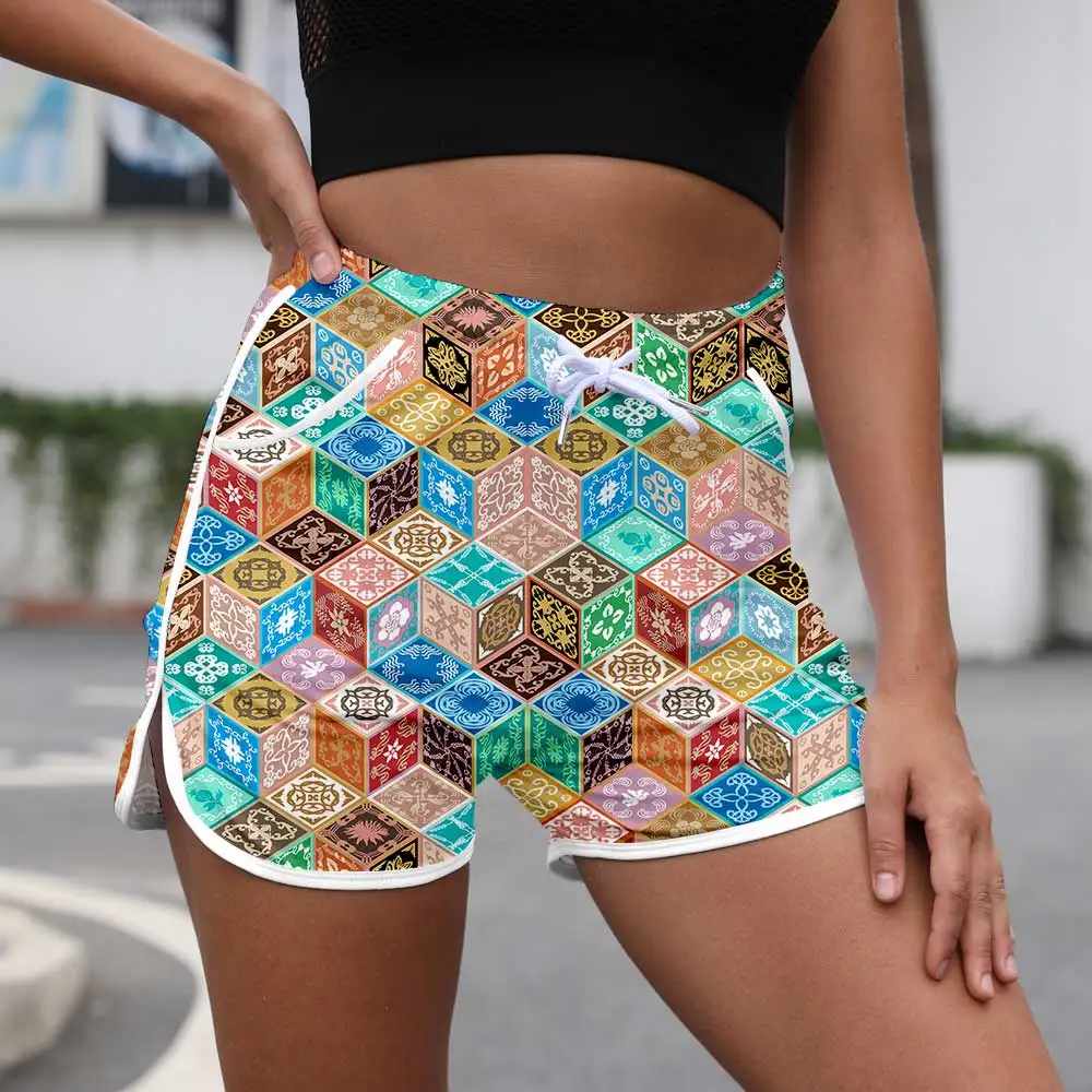 

Women New Fashion 3D Print Shorts Summer Beach Loose Drawstring Waist Shorts Casual Midi Waist Patchwork Short Pants 5XL