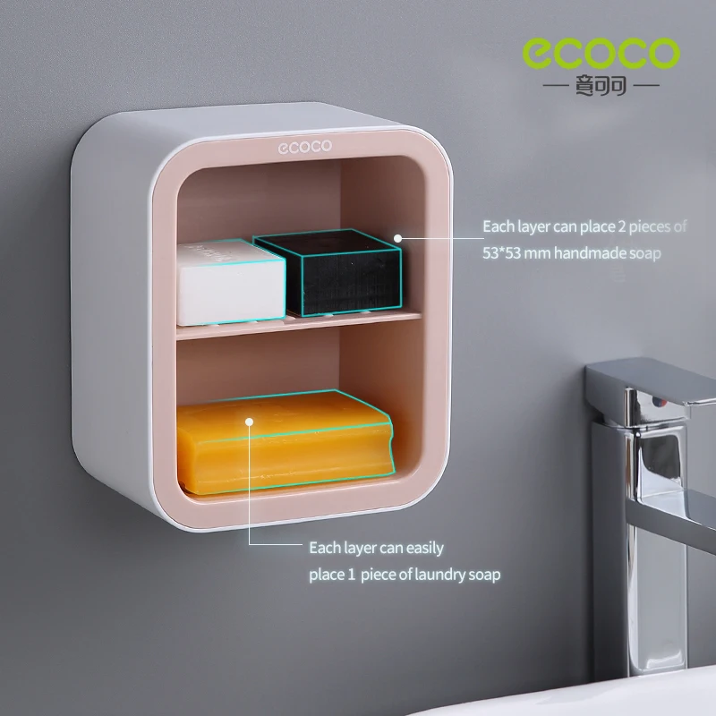 ECOCO Double Drawer Design Wall Mounted Soap Dish Box Bathroom Shower Soap Holder Tray Storage Rack Shelf Bathroom Accessories