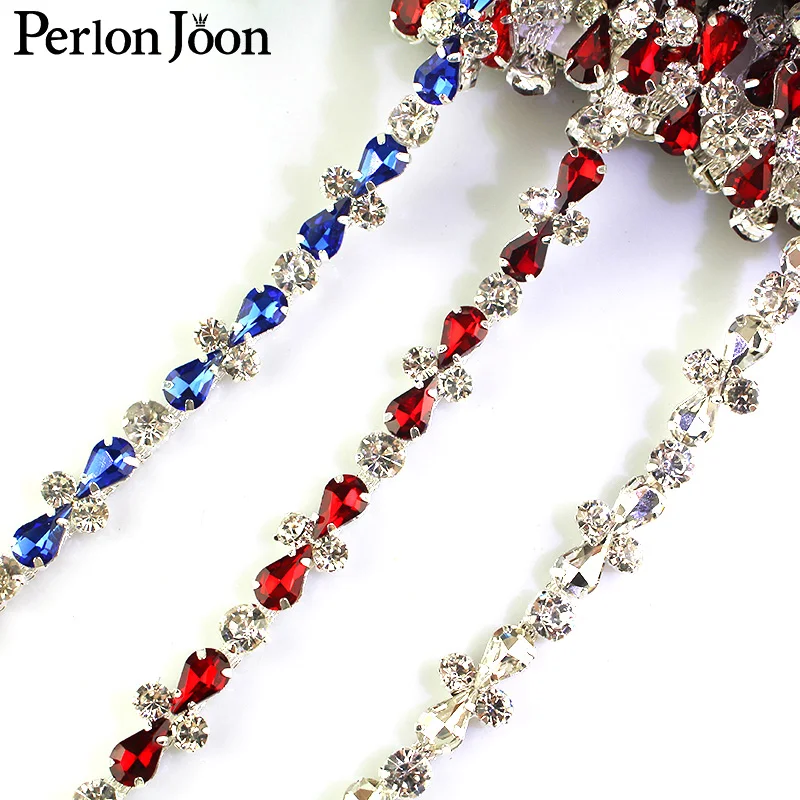 1 Yard Color Drop Rhinestone Trim Glass Crystal Silver Chain Bridal Decoration For Clothing and Shoe Bag Accessories ML055