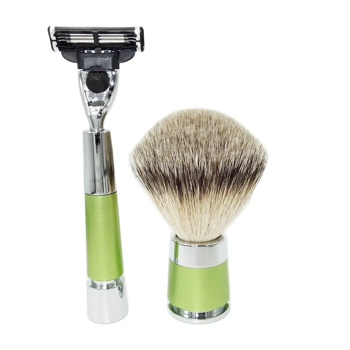 Shaving Brush and Razor Set with Silvertip Honey Pure Badger Hair Fantastic Green Handles Holder Daily Grooming Tools