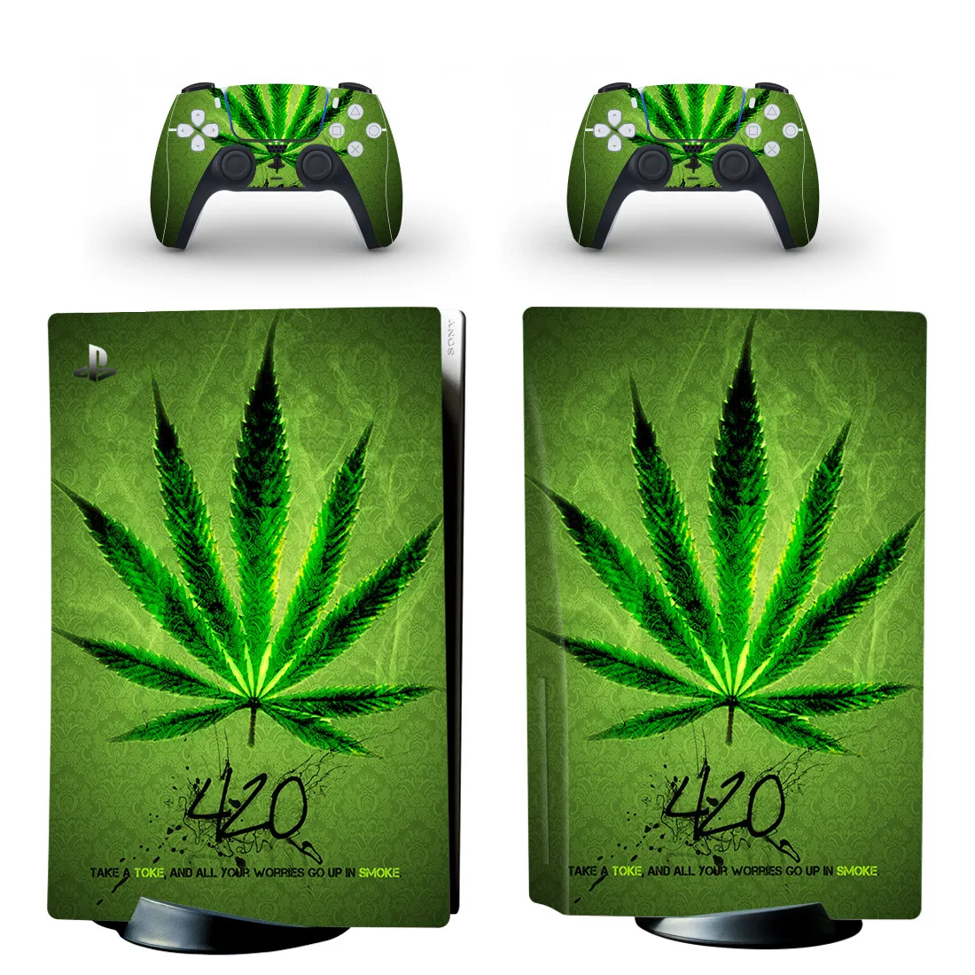ملصق جلدي من Green Leaf Weed PS5 إصدار القرص القياسي لوحدة التحكم PlayStation 5 و2 وحدة تحكم PS5 ملصق جلدي