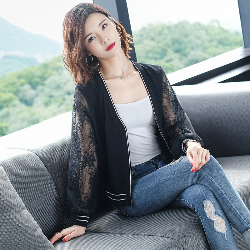 

New Arrival Women Spring Summer Fashion Long Sleeve Cardigan Elegant Lady See Through Lace Long Sleeve Knitwear Outwear