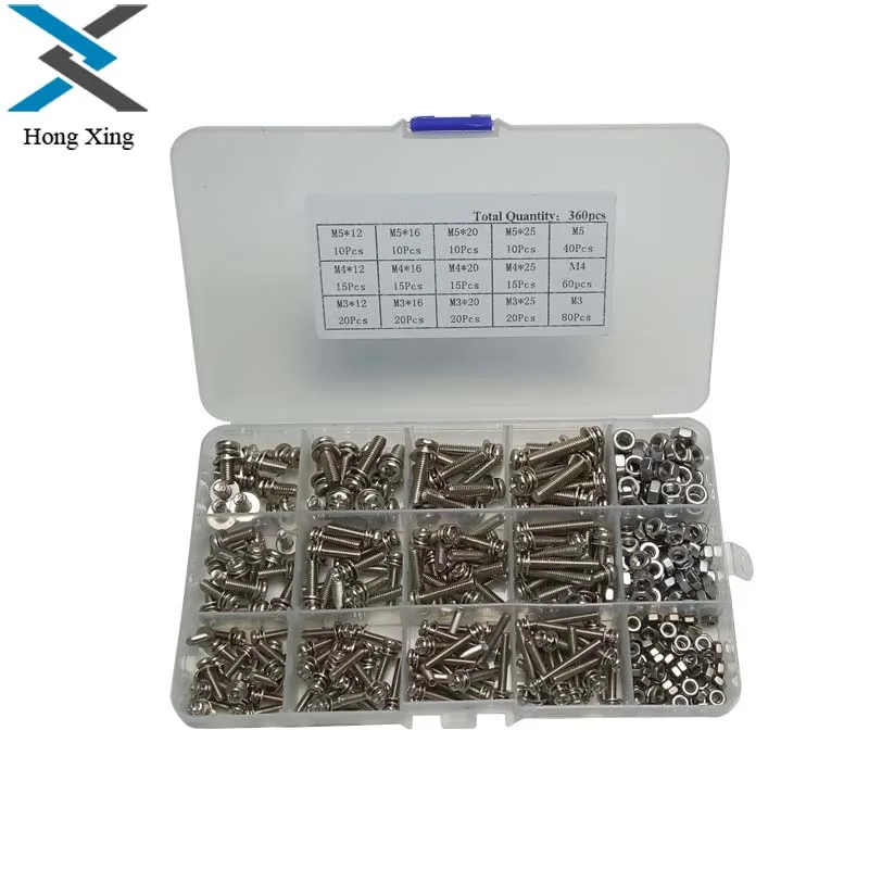 360Pcs Nickl Plating Screws Plastic Boxed M3 M4 M5 Hex Screw Combination Set, with Round Head Screws Nuts Flat Washers