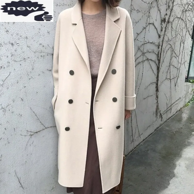 

Elegant Beige Women Woolen Coat Autumn Winter Double-Faced Cashmere Outerwear OL Style Fashion Single Breasted Loose Overcoat