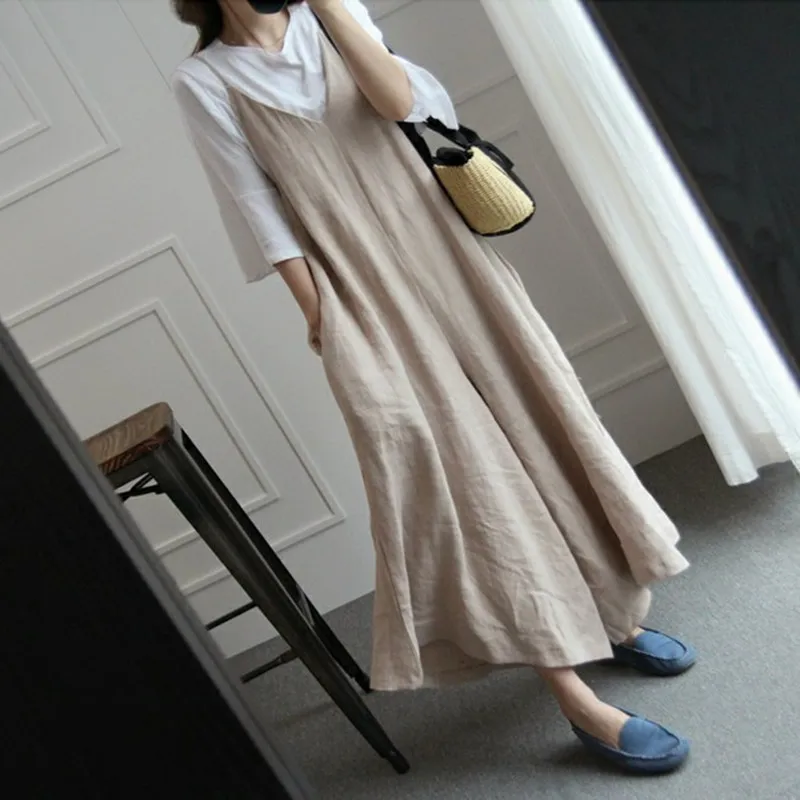 Cotton Linen Wide leg Strap Jumpsuit For Female Suspenders Leisure Overalls Nine Point Loose One Piece Outfit