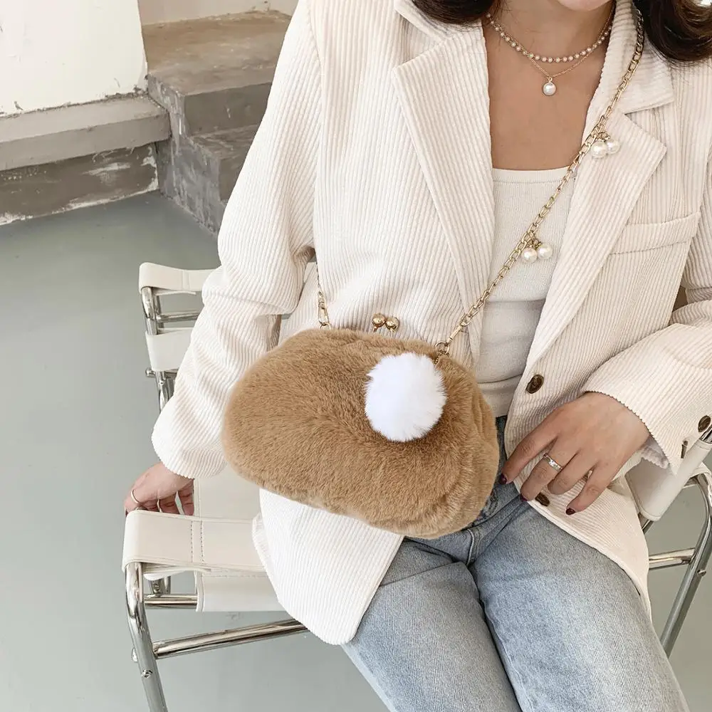 Plush Frame Bag Chain Winter Bags For Women 2021 New Pearl Crossbody Bag Solid Comfortable Shoulder Bags Luxury Designer Handbag