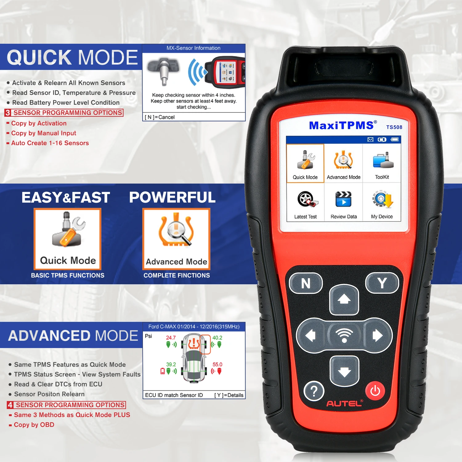 Autel TS508 TPMS Relearn Tool Tire Pressure Monitor TPMS Reset Tool Key Fob Testing Read/Check/Active Tire Sensor Upgraded TS501