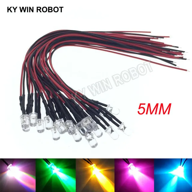 5mm LED 12V 20cm wstępnie okablowana biała czerwona zielona niebieska żółta dioda UV RGB dekoracja lampy diody elektroluminescencyjne wstępnie lutowane 10 sztuk
