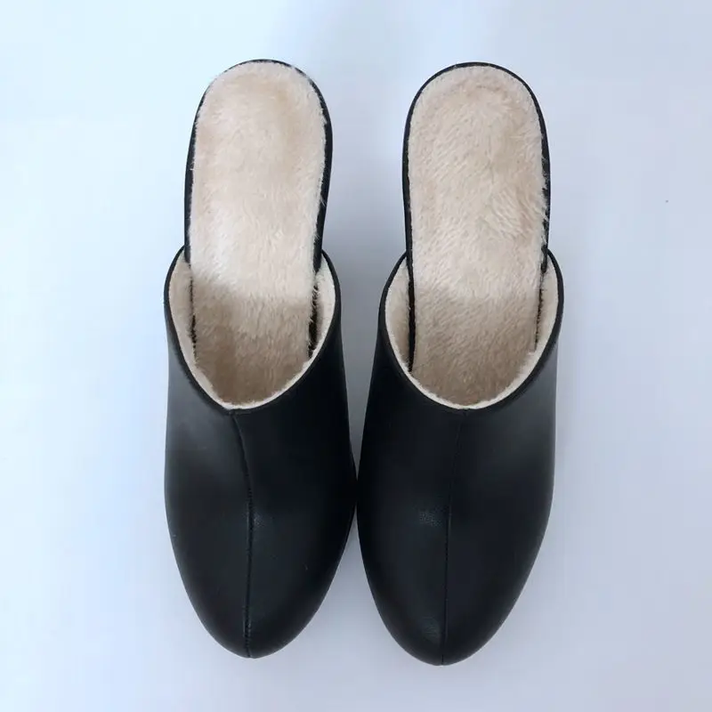 New Autumn Winter Women Shoes Elegant Fashion Closed Toe Leather Mules 10CM High Heels  Lady Chunky Slides Female Slippers 34-40