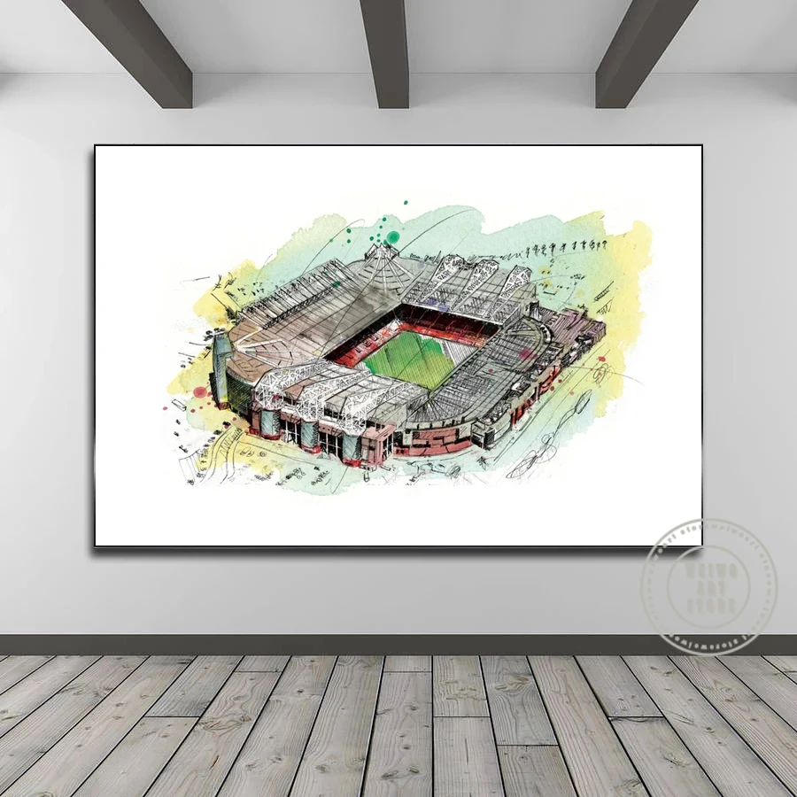 Watercolour Old Trafford Football Stadium Poster Soccer Canvas Art Prints Painting Picture for Man U Fan Living Room Wall Decor