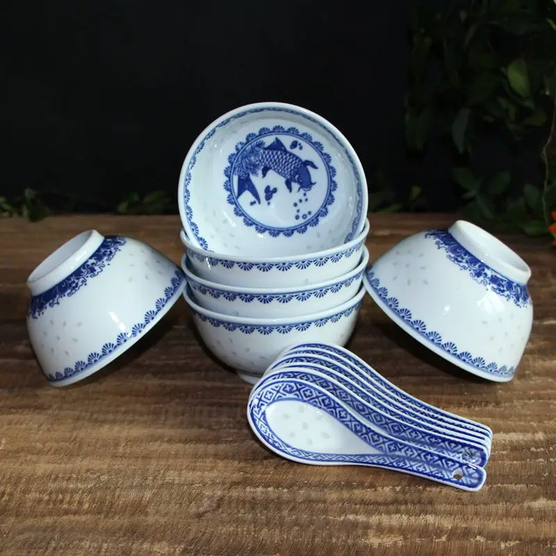 6PCS/Lot 4.5inch Jingdezhen Blue and White Porcelain Rice Bowls Ramen Soup Spoon Chinese Dragon Bowl Ceramic Kitchen Accessories