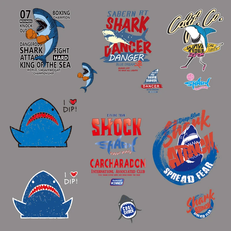 Cartoon Children's T-shirt Print Stripe Marine Animal Shark Whale Fun Heat Transfer T-shirt Washable Heat Paste