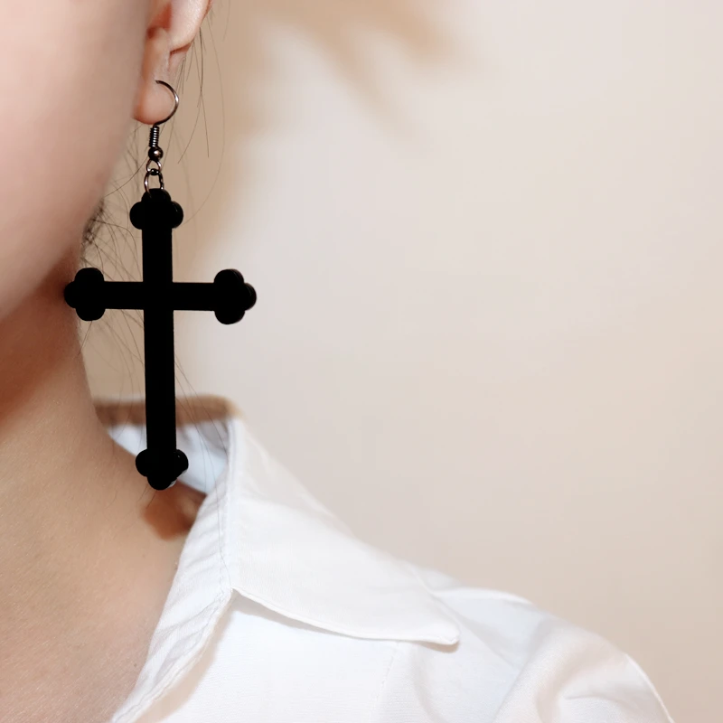 KUGUYS New Gothic Black Cross Dangle Drop Earrings for Women GOTH Exaggerate Vintage Jewelry Girl Classic Acrylic Accessories