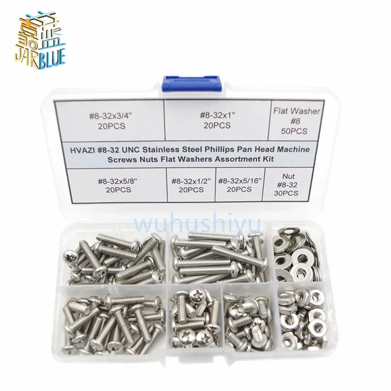 250pcs #8-32 UNC #6-32 UNC Stainless Steel Phillips Pan Head Machine Screws Nuts Flat Washers Assortment Kit