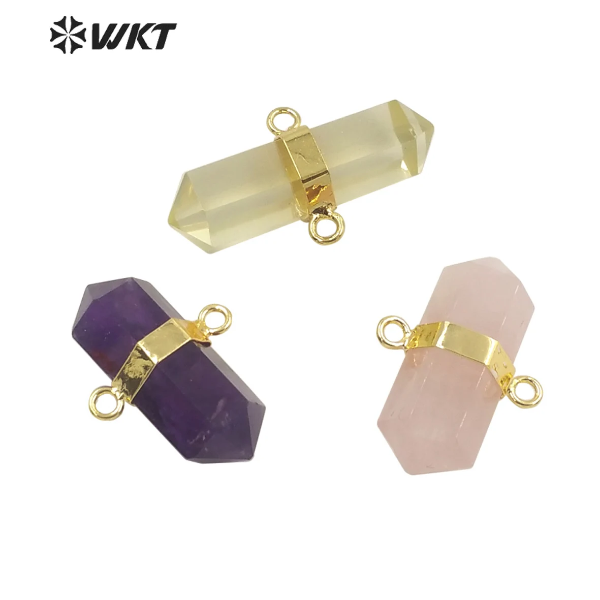 WT-P1742 Amazing super Hot double point stone pendant Lady gold bezel two loops healing energy quartz point hexagona pendants